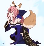  1girl ;) animal_ear_fluff animal_ears bangs bare_shoulders blue_bow blue_kimono blue_legwear blue_sleeves blush bow breasts cleavage commentary_request detached_sleeves eyebrows_visible_through_hair fate/extra fate_(series) fox_ears fox_girl fox_tail full_body hair_between_eyes hair_bow hand_up head_tilt highres japanese_clothes kimono kujou_karasuma large_breasts long_hair long_sleeves no_shoes obi one_eye_closed pink_hair ponytail sash short_kimono sidelocks signature sleeves_past_wrists smile solo strapless tail tail_raised tamamo_(fate)_(all) tamamo_no_mae_(fate) thighhighs wide_sleeves 