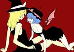  all_fours bat_wings black_dress blonde_hair blue_hair bow dress fang hat hat_bow kirisame_marisa long_hair multiple_girls open_mouth red_eyes remilia_scarlet shiba_itsuki short_hair sitting sleeveless smile staring touhou white_bow wings 