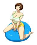  :o bad_feet ball bare_shoulders breasts brown_eyes brown_hair cleavage closed_eyes covered_nipples exercise_ball hairu large_breasts navel short_hair short_shorts shorts simple_background sitting solo strap_slip super_real_mahjong tears toyohara_etsuko wariza white_background 