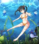  =_= armpits bangs barefoot bikini black_hair blush breasts bubble cameltoe claws dragon_quest dragon_quest_iii fangs fighter_(dq3) floating_hair foreshortening freediving full_body gem hair_between_eyes hair_bobbles hair_ornament head_tilt jellyfish jiino light_smile long_hair looking_at_viewer marine_slime merman_(dragon_quest) monster navel no_pupils o-ring o-ring_bikini o-ring_top orange_bikini outstretched_arm refraction seaweed shell shibirekurage silver_eyes small_breasts smile solo spikes sun swimsuit tentacles twintails underwater 