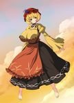  aki_minoriko alternate_breast_size apron barefoot blonde_hair breasts cloud dress food food_themed_clothes fruit grapes hat huge_breasts long_sleeves neck_ribbon nekomamire red_eyes ribbon short_hair smile solo touhou wheat wide_sleeves 