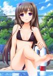  absurdres alpha_(yukai_na_nakamatachi) arm_support barefoot bench bikini blush breasts brown_hair chain-link_fence cleavage cloud crossed_legs day feet fence hair_intakes halterneck highres higuchi_ririko long_hair looking_at_viewer o-ring o-ring_top outdoors parted_lips pool pool_ladder poolside pov_feet purple_eyes scan sharin_no_kuni_himawari_no_shoujo sitting sky small_breasts soles solo swimsuit toes tree water 