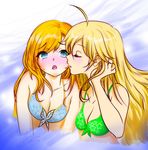  ahoge bikini blonde_hair blue_bikini blue_eyes blush boku_wa_tomodachi_ga_sukunai breasts closed_eyes crossover green_bikini highres hoshii_miki idolmaster idolmaster_(classic) imminent_kiss kashiwazaki_sena long_hair medium_breasts multiple_girls non-web_source p-timan swimsuit yuri 