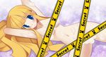  armpits arms_up attouteki_yuugi_mugen_souls blue_eyes blush breasts caution_tape censored dutch_angle hirano_katsuyuki medium_breasts nude official_art purple_background sandy_sunshine shy soap solo sparkle underboob 