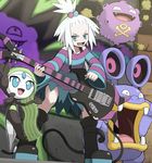  bare_shoulders bass_guitar blue_eyes boots fangs freckles gen_1_pokemon gen_3_pokemon gen_5_pokemon green_hair guitar hair_bobbles hair_ornament homika_(pokemon) instrument koffing legendary_pokemon looking_at_viewer loudred meloetta open_mouth plectrum pokemoa pokemon pokemon_(creature) pokemon_(game) pokemon_bw2 smile standing 