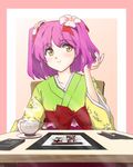 abo_(hechouchou) alternate_hairstyle blush brush cup flower hair_ornament hieda_no_akyuu long_sleeves pink_hair plate short_hair sitting smile solo teacup touhou twintails wide_sleeves yellow_eyes 
