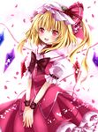  armband bad_id bad_pixiv_id blonde_hair bow flandre_scarlet flower hat hat_flower hat_ribbon nanase_nao open_mouth petals pink_eyes red_eyes ribbon shirt short_sleeves side_ponytail skirt skirt_set smile solo touhou vest wings wrist_cuffs wristband 