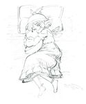  animal_ears bed bird blush dress earrings hat hug jewelry lying monochrome mystia_lorelei on_bed on_side one_eye_closed pillow shiba_itsuki short_hair sketch smile solo stuffed_animal stuffed_bird stuffed_toy touhou 