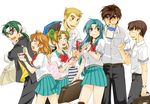  4boys blonde_hair blue_hair brown_hair can chidori_kaname chocolate food full_metal_panic! glasses green_hair ice_cream ichijou_tenko inaba_mizuki jindai_high_school_uniform kazama_shinji mouth_hold multiple_boys multiple_girls onodera_koutarou ponytail popsicle sagara_sousuke scar school_uniform teeth tokiwa_kyouko tsubaki_issei twintails white_chocolate 