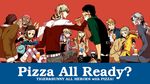  6+boys animal antonio_lopez barnaby_brooks_jr dog drink eating everyone food highres holding_pizza hoshino_lily huang_baoling ivan_karelin john_(tiger_&amp;_bunny) kaburagi_kaede kaburagi_t_kotetsu karina_lyle keith_goodman multiple_boys multiple_girls nathan_seymour pizza pizza_box red_background simple_background sitting tiger_&amp;_bunny yuri_petrov 