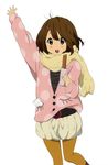  1girl absurdres brown_eyes brown_hair churro food hair_ornament hairclip highres hirasawa_yui k-on! official open_mouth scarf waving 