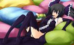  :p black_hair black_legwear blue_eyes breasts butter-t character_request copyright_request highres licking lying medium_breasts otoko_no_ko pillow thighhighs tongue tongue_out twintails 