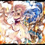  alternate_color azure_rathalos bad_id bad_pixiv_id bare_shoulders blue_eyes blue_hair breasts cleavage collar detached_sleeves hiding highres japanese_clothes large_breasts long_hair monster_hunter open_mouth personification pink_hair pink_rathian purple_eyes rathalos rathian spiked_collar spikes tail umitsuki 