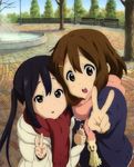  2girls black_hair brown_hair hand_holding highres hirasawa_yui k-on! multiple_girls nakano_azusa official official_art smile v 