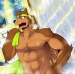  abs absurd_res anthro bandanna bath biceps canine fur hi_res male mammal muscles nude ondoteiko pecs pose sauna solo tattoo towel water waterfall wet wolf 