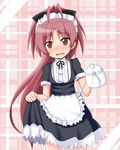  alternate_costume apron black_dress blush bow brown_eyes brown_hair commentary_request dress dress_tug enmaided fang hair_bow long_hair looking_at_viewer mahou_shoujo_madoka_magica mai_(t-5) maid maid_headdress open_mouth sakura_kyouko short_sleeves solo teapot waist_apron 