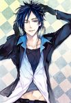  bad_id bad_pixiv_id bian blue_eyes blue_hair checkered checkered_background earrings gloves hand_in_hair hand_on_own_head headphones jewelry katekyo_hitman_reborn! looking_at_viewer lying male_focus navel on_back rokudou_mukuro solo 