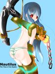  anchor armor ass back bad_id bad_pixiv_id blue_background blue_hair chain character_name english from_behind genderswap glowing highres league_of_legends leg_armor light long_hair mahoy nautilus_(league_of_legends) panties red_eyes rope shoulder_blades solo striped striped_panties underwear very_long_hair weapon 