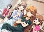  1boy 3girls blue_eyes blush brown_hair crossdressing dutch_angle frown game_cg green_eyes hair_ornament isurugi_chie kashiwara_sarina katakura_shinji kira_kira maejima_shikako maejima_shikanosuke multiple_girls orange_eyes orange_hair pink_hair shiino_kirari trap 