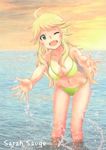 ;d acrylic_paint_(medium) ahoge artist_name bad_id bad_pixiv_id banned_artist bikini blonde_hair breasts cleavage colored_pencil_(medium) green_bikini green_eyes hoshii_miki idolmaster idolmaster_(classic) large_breasts leaning_forward long_hair looking_at_viewer navel one_eye_closed open_mouth outstretched_hand sarah_sauge smile solo splashing swimsuit traditional_media water 