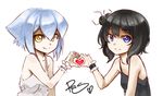  bare_shoulders black_dress black_hair blue_eyes camisole creature dress flat_chest heart heart_hands heart_hands_duo looking_at_viewer multiple_girls original pas_(paxiti) pilo short_hair signature simple_background smile spaghetti_strap upper_body white_background white_dress white_hair wrist_cuffs yami_shoujo yellow_eyes 