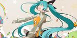  aqua_eyes aqua_hair bitte hatsune_miku headphones long_hair odds_&amp;_ends_(vocaloid) open_mouth outstretched_arms project_diva_(series) project_diva_f solo twintails very_long_hair vocaloid 