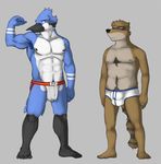  anthro avian biceps bird blue_eyes blue_jay briefs bulge chest_tuft clothed clothing duo feathers flexing fur half-dressed jockstrap male mammal mordecai muscles nipples orange_eyes pecs pose raccoon reds regular_show rigby topless tuft underwear 