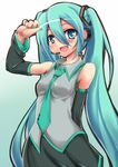  arm_up blush detached_sleeves green_eyes green_hair hatsune_miku headset long_hair mitsuru_(madeinore) necktie open_mouth skirt solo twintails very_long_hair vocaloid 