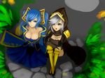 aqua_hair ashe_(league_of_legends) bare_shoulders blonde_hair blue_eyes boots breasts cape cleavage gradient_hair highres hood kumiko_shiba large_breasts league_of_legends long_hair multicolored_hair multiple_girls open_mouth silver_hair sitting sona_buvelle twintails yellow_legwear 