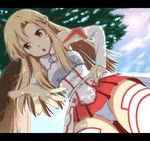  :o armor asuna_(sao) braid breastplate brown_eyes brown_hair cloud commentary_request day detached_sleeves from_below hand_on_hip lens_flare letterboxed long_hair looking_at_viewer looking_down nori_tamago open_mouth outstretched_hand panties pantyshot perspective pov sky solo sunlight sword_art_online thighhighs tree tree_shade underwear upskirt v-shaped_eyebrows white_legwear white_panties 