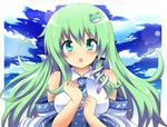  bad_id bad_pixiv_id blush breasts cloud detached_sleeves frog_hair_ornament green_eyes green_hair hair_ornament hair_tubes kochiya_sanae long_hair medium_breasts open_mouth shinekalta sky snake solo touhou wide_sleeves 