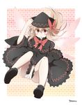  :o blush bow brown_hair capelet covering covering_crotch dress hand_on_headwear hat hat_bow highres lily_black lily_white long_hair red_eyes signature solo touhou wings yutamaro 