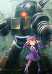  anchor animal_ears annie_hastur armor bioshock bioshock_1 blush boots donarudo gloves glowing glowing_eyes grin helmet highres league_of_legends nautilus_(league_of_legends) parody red_eyes rope size_difference smile thighhighs weapon 
