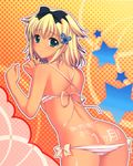  absurdres alpha_(yukai_na_nakamatachi) bikini blonde_hair blush butt_crack butterfly_hair_ornament from_behind green_eyes hair_ornament hair_ribbon highres looking_at_viewer outline ribbon sarasa_crain_femiluna scan short_hair side-tie_bikini solo star sun_tattoo swimsuit tan w.l.o_sekai_ren'ai_kikou 