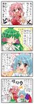  4koma bun_cover comic double_bun flower heterochromia highres ibaraki_kasen kochiya_sanae loud multiple_girls octopus rose scarf shouting tatara_kogasa touhou translated umbrella yuzuna99 