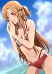  ass_visible_through_thighs asuna_(sao) bare_shoulders bikini blush boyshorts brown_eyes brown_hair fingers_together highleg highleg_bikini looking_at_viewer nail_art nail_polish navel no10 smile solo swimsuit sword_art_online water 