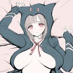  bed_sheet blonde_hair breasts breasts_apart danganronpa from_above hood hoodie huge_breasts lying nanami_chiaki on_back open_clothes open_hoodie poin red_eyes smile solo super_danganronpa_2 upper_body 