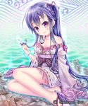  bare_shoulders blue_hair blush character_request clog_sandals earrings gotou_hisashi japanese_clothes jewelry kimono long_hair moeyou_crisis playing_with_own_hair purple_eyes sitting smile solo very_long_hair watermark yokozuwari 
