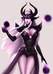  armor bad_id bad_pixiv_id belt black_gloves breasts cleavage ear_protection forehead_protector gloves glowing glowing_eyes helmet jang_ju_hyeon large_breasts league_of_legends long_hair orb pale_skin pauldrons purple_eyes purple_skin silver_hair solo syndra very_long_hair 