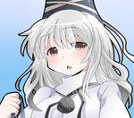  alternate_hairstyle bad_id bad_pixiv_id blue_background blush brown_eyes commentary_request hammer_(sunset_beach) hat japanese_clothes kariginu long_hair mononobe_no_futo open_mouth silver_hair solo tate_eboshi touhou 