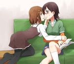  book brown_eyes brown_hair couch eye_contact glasses heart hirasawa_yui k-on! kagiana looking_at_another manabe_nodoka multiple_girls pantyhose short_hair yuri 