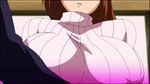  1boy 1girl animated animated_gif bouncing_breasts breasts brown_hair hhh_triple_ecchi huge_breasts inverted_nipples konami_(hhh_triple_ecchi) long_hair lowres nipples open_mouth sweater turtleneck undressing 