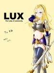  armor bad_id bad_pixiv_id blonde_hair blush boots breastplate breasts character_name english gloves headband highres league_of_legends long_hair luxanna_crownguard mahoy midriff navel pauldrons purple_eyes signature solo staff thighhighs vambraces 