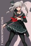  bad_id bad_pixiv_id banned_artist braid danganronpa glasses harano long_hair pantyhose pekoyama_peko pleated_skirt red_eyes school_uniform serafuku silver_hair skirt solo super_danganronpa_2 sword twin_braids weapon weapon_bag 