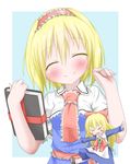  alice_margatroid blonde_hair blush blush_stickers book closed_eyes hairband multiple_girls oden_(th-inaba) shanghai_doll smile touhou 