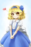  alice_margatroid alice_margatroid_(pc-98) blonde_hair blush bow hair_bow hair_ornament heart highres mazume short_hair skirt smile solo suspenders touhou touhou_(pc-98) yellow_eyes 