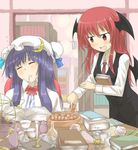  :&lt; :d bat_wings book bow candle checkerboard_cookie closed_eyes cookie crescent cup dress_shirt drooling flask food hat head_wings highres koakuma long_hair multiple_girls necktie nobamo_pieruda open_mouth paper patchouli_knowledge purple_hair red_eyes red_hair saucer scissors shirt skirt sleeping smile teacup touhou triangle_mouth v-shaped_eyebrows wings 