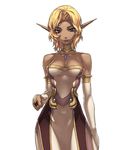  artist_request bare_shoulders blonde_hair blue_eyes bridal_gauntlets choker dark_skin dress earrings elf expressionless jewelry official_art pointy_ears regal_lily short_hair solo spectral_(series) spectral_force strapless strapless_dress white_background 