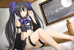  1girl :o bare_shoulders black_hair blush bow breasts character_name choujigen_game_neptune compile_heart detached_sleeves ears hair_bow hair_ornament idea_factory kami_jigen_game_neptune_v kazenokaze long_hair looking_at_viewer midriff moon navel neptune_(series) noire one_eye_closed open_mouth red_eyes solo twintails very_long_hair wink 