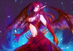  black_thorn_morgana breasts claws cleavage demon_girl dress league_of_legends long_hair medium_breasts morgana multicolored_hair navel no_pupils pointy_ears purple_hair red_hair solo white_eyes wings ymtoto 